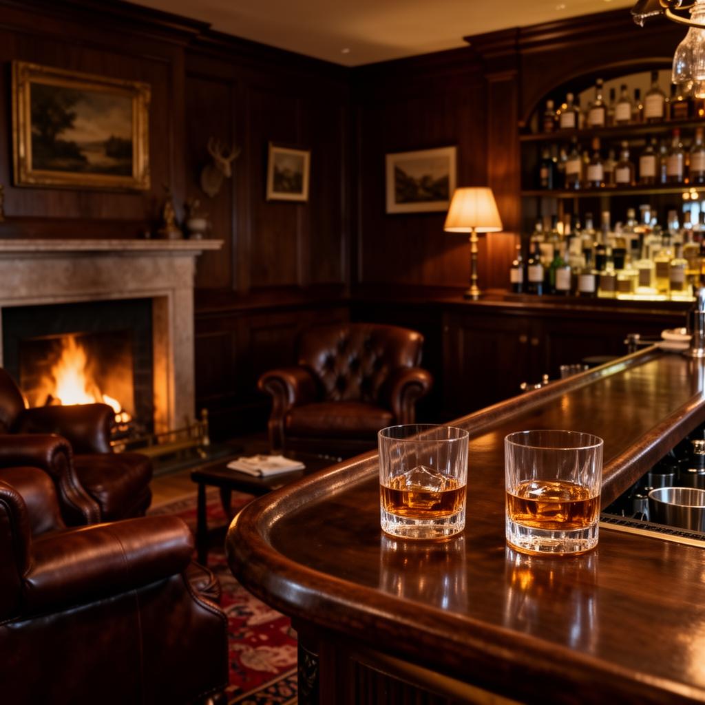 Colonial bar and lounge at Pedro Barn Hotel with fireplace and leather armchairs